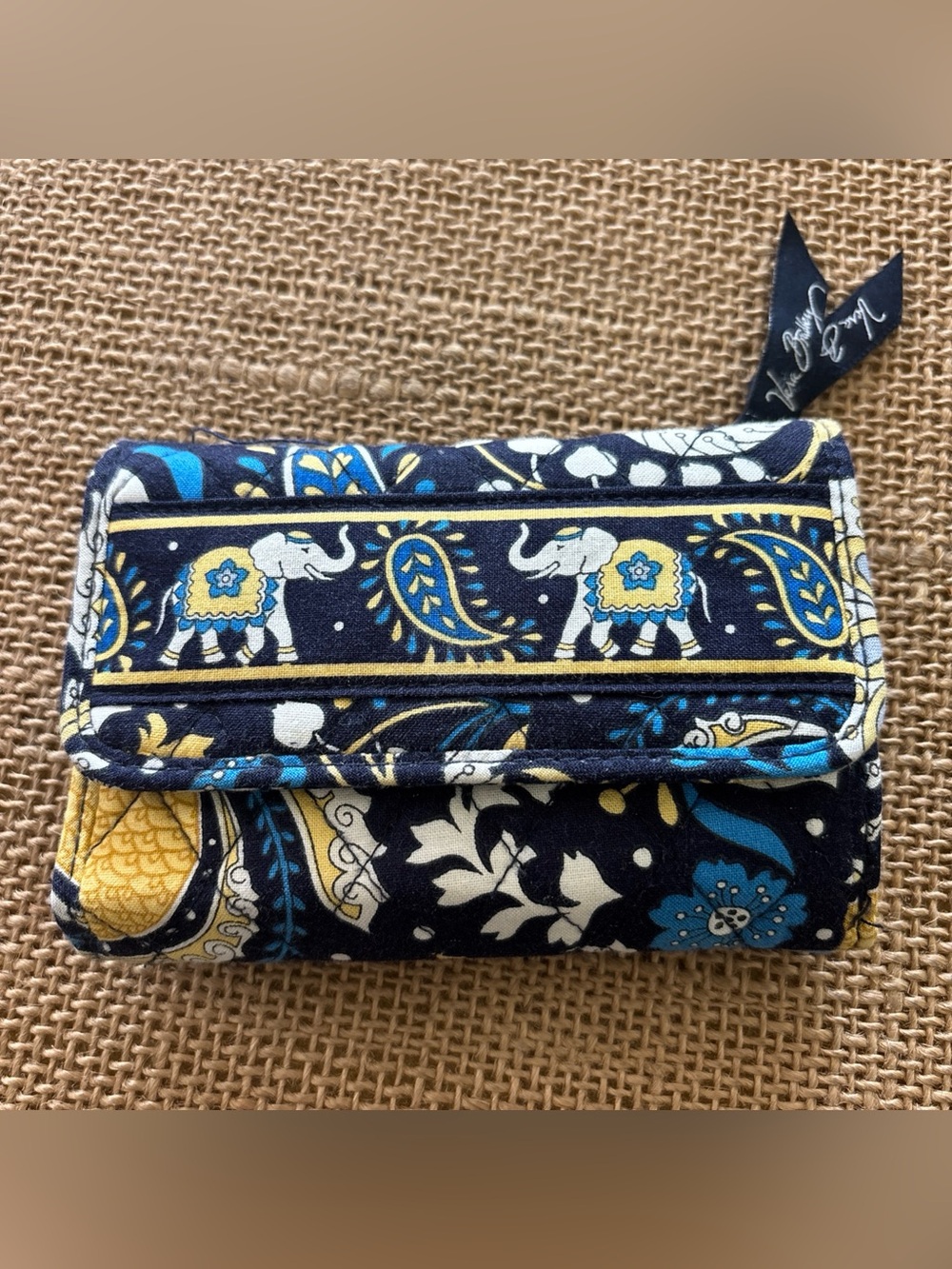 Vera Bradley Ellie Blue And Yellow Quilted Trifold Wallet- Elephants, Paisley